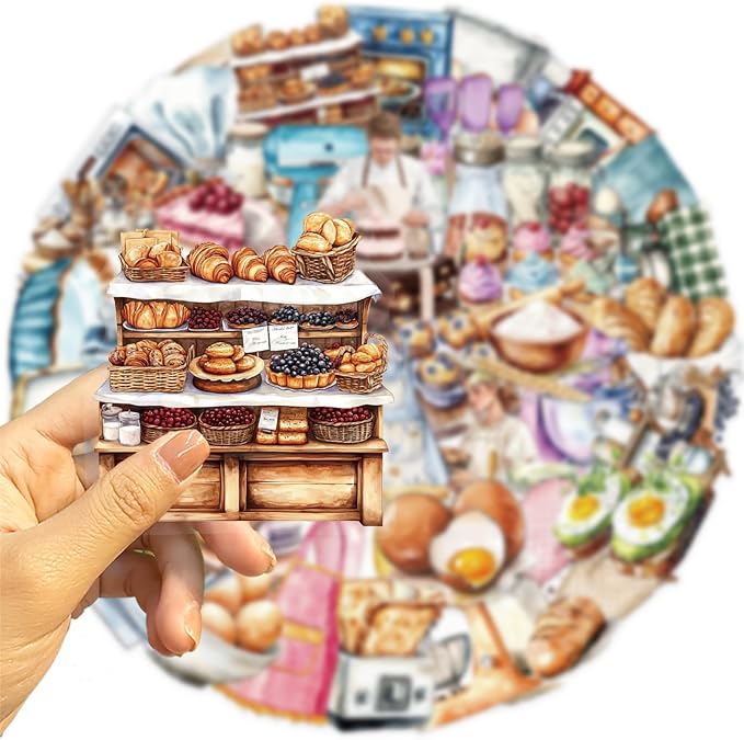 50Pcs Funny Baking Stickers,Realistic Transparent Bakery PET Stickers,Cute Waterproof Sticker for Laptop,Stationery,Luggage Scrapbooking,Water Bottles,Phone Case,Bakery Themed Party (colourful-B11)