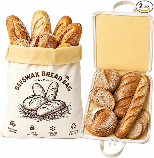 ICEFUN Wide-Opening U-Zipper Beeswax Bread Bag 2 Pack, Beeswax Bread Bags for Sourdough, Easy to Clean Reusable Bread Bag with Dual Zipper Seal and Handles