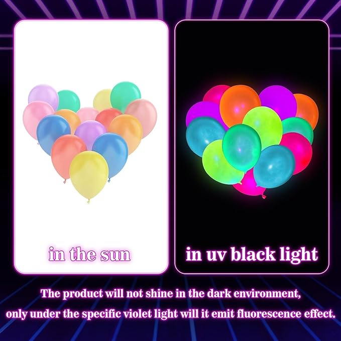 100 Pcs UV Neon Balloons, Neon Glow Party Balloons UV Black Light Balloons Glow in the Dark for Birthday Decorations Wedding Glow Party Supplies Blacklight Reactive Fluorescent