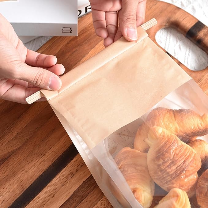 Ocmoiy 50Pcs Bakery Bags with Window, Resealable Tin Tie Tab Lock Bread Storage Bag, Clear Front Snack Bags for Packaging Cookies, Loaf, Popcorn, Paper Treat Bags