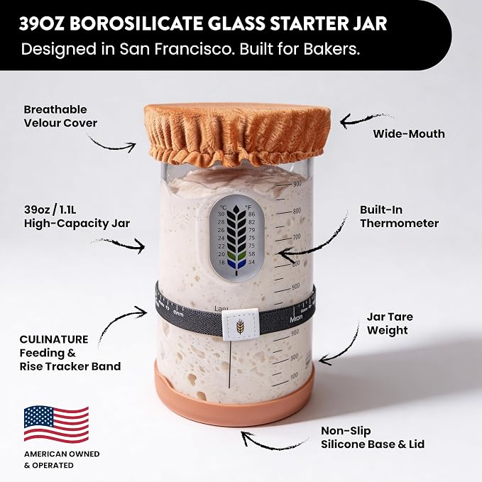 Sourdough Starter Jar & Fermentation Jar Set - 2 Wide Mouth Glass Jars (39oz) with Tracker Band, Thermometer, Bread Scraper, Cookbook & Cloth Cover, Sourdough Starter Kit for Beginners