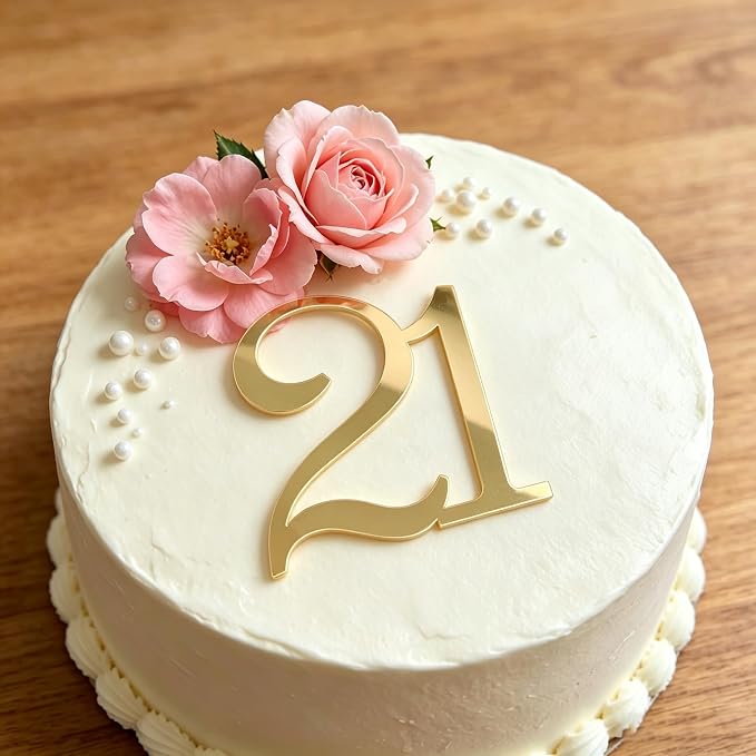 Mirror Acrylic Number 21 Cake Topper, Gold Happy 21st Birthday Cake Decorations, Hello 21 Year Party Decor, 21th Wedding Anniversary Party Decorations