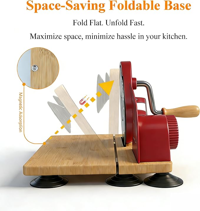 Sourdough Bread Slicer Machine Adjustable Thickness Stainless Steel Blade Bread Sourdough Cutter with 6 Large Suction Cups Foldable Compact Design Non-Slip Base for Homemade Bread Slicing (Red)