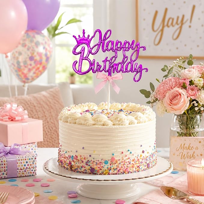 Purple Acrylic Happy Birthday Cake Topper with Crown and Bow | Glossy purple acrylic script with crown and bow adds an elegant finishing touch to birthday cakes and celebration desserts.