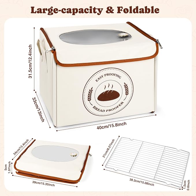Bread Proofing Box with Temperature Control & Timer, Foldable Dough Proofer for Fermentation, Folding Sourdough Proofing Box for Bread Baking, Pizza, Yogurt, Kombucha, Wine (Beige)