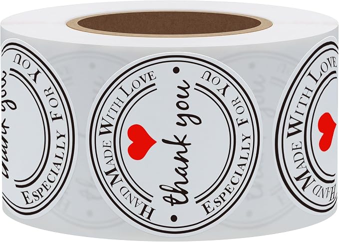 Hybsk White Gloss Thank You Hand Made with Love with Red Heart Stickers 1.5" Inch Round Total 500 Adhesive Labels Per Roll (White Gloss)