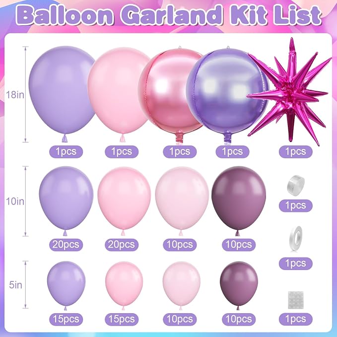 Pastel Pink Purple Balloon Arch Garland Kit with Pink Purple 4D Round Balloons Star Foil Balloons for Baby Shower Wedding Engagement Birthday Birthday Party Decorations