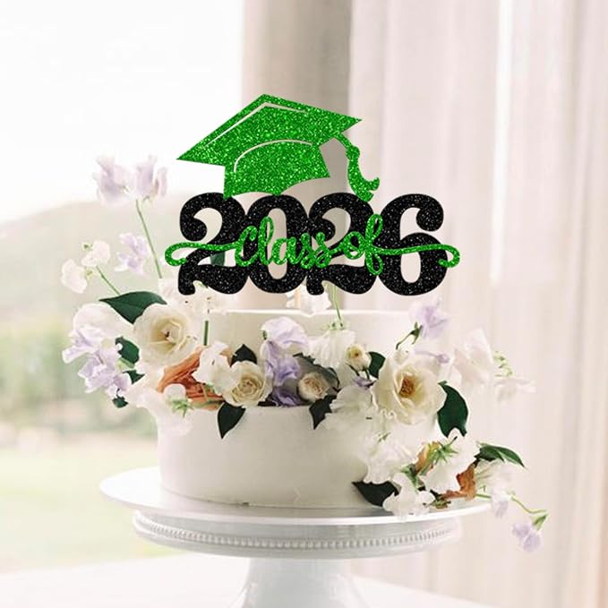 1 Pack Class of 2026 Cake Topper Glitter Congrats Grad Cap 2026 Graduation Cake Pick for 2026 Graduation Theme High School Boys Girls Graduate Party Cake Decorations Supplies Black Green