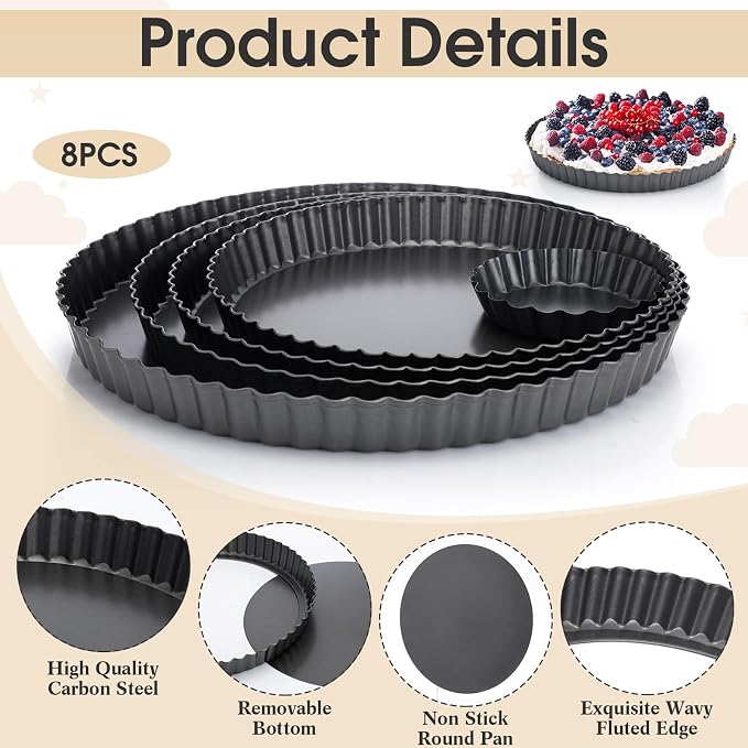 Ziliny 8 Pcs Non Stick Tart Pan with Removable Bottom 4'' 9.5" 10" 11" 12.6" Quiche Baking Dish Round Carbon Steel Mini Pie Pans Fluted Edges for Mousse Cakes Dessert Baking Tool Christmas Party
