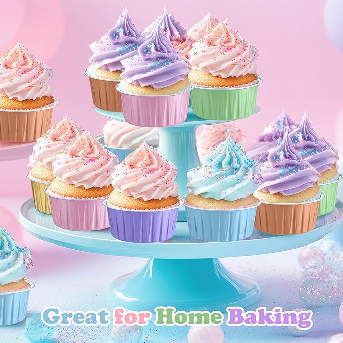 200 Pack Aluminum Foil Cupcake Liners with Lids, 5 oz Round Baking Cup, Disposable Ramekin Container for Graduation Wedding Independence Day Party(Macaron Color,Plain)