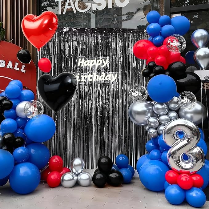 157Pcs Red Black Silver Blue Balloons Garland Arch Kit with Black Fringe Curtain Backdrop for Birthday Graduation New Year's Eve Baby Shower Party Decorations