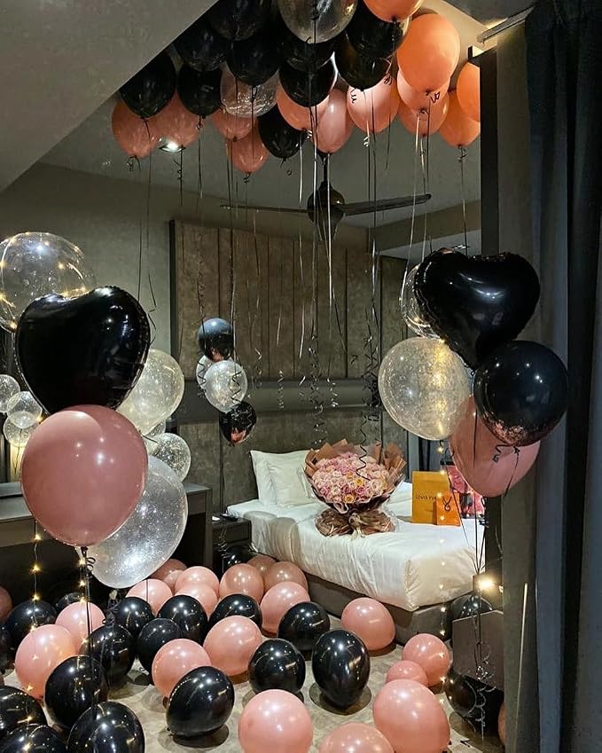 Dusty Pink and Black Balloon Arch Kit, 112 PCS Pink Rose Gold and Black Balloons Garland with Rrose Gold Confetti Metallic Rose Gold Balloons, Retro Pink Balloons for Bachelorette Princess Party Deco