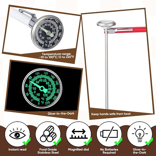 Xuhal 6 Pcs Stainless Steel Kitchen Glow Thermometer with 5 Inch Long Stem 1 Inch Dial Thermometer Milk Frothing Food for Oven Probe Meat Grill BBQ Cooking Chocolate Water(Red,White,Black)