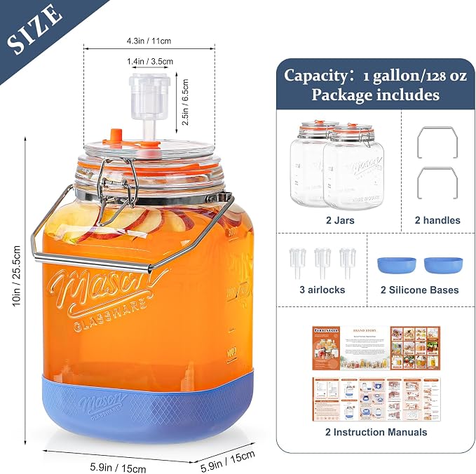 Folinstall 1 Gallon Fermentation Jar with 3 Airlocks, Stainless Steel Handle, Non-Slip Silicone Base, 128 oz Glass Storage Jar for Mead Making, Wine Making, Sourdough Starter, 2 Pack