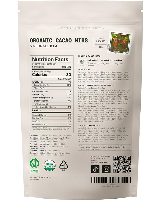 NaturaleBio Cacao Nibs Organic 1 lb. Unsweetened, Non-Alkalized and Pure. Sugar-Free Dark Chocolate Chips Substitute. Non-GMO, Gluten Free, Tested for Heavy Metals. From Raw Cacao Beans