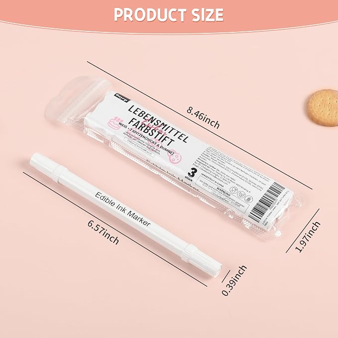 Food Coloring Markers Edible White Ink Pen Double Sided Extra Fine Tip Edible Markers for Fondant Cookie Cake Chocolate Decorating - Set of 3