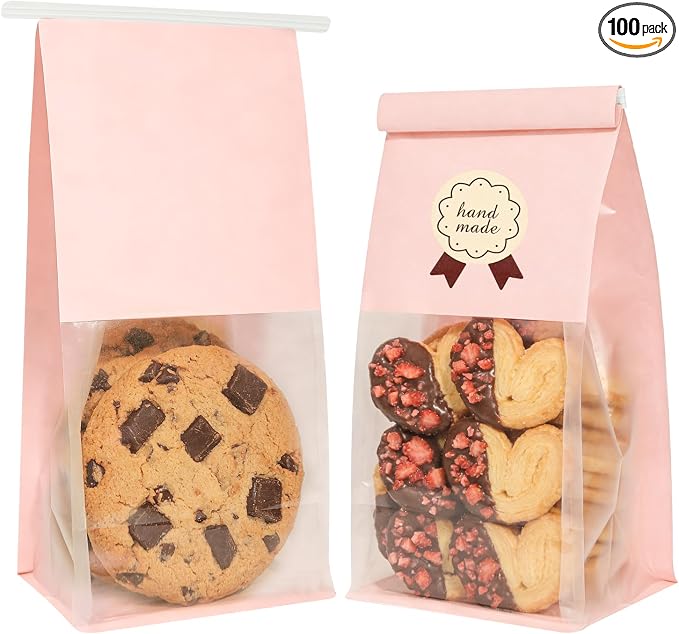 100 Cookie Bags with Seal, Resealable Bakery Bags with Window, Pink Paper Treat Bags for Packaging Pastry, Muffin, Cookie, Baked Goods, Included 120 Handmade Stickers