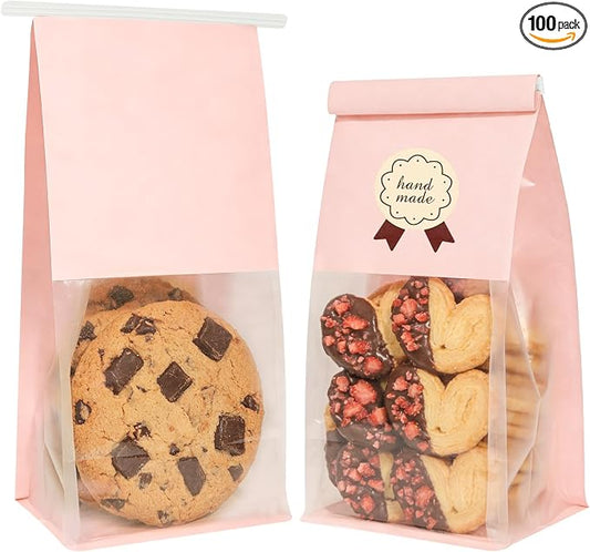 100 Cookie Bags with Seal, Resealable Bakery Bags with Window, Pink Paper Treat Bags for Packaging Pastry, Muffin, Cookie, Baked Goods, Included 120 Handmade Stickers