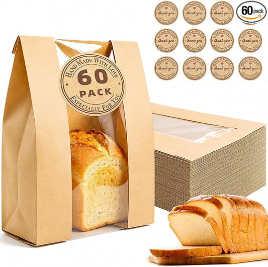 Homrelaxy 60pcs Paper Bread Bags for Homemade Bread, Sourdough Bags with Window, 13.7 x 8.3 x 3.5 Inch Large Brown Kraft Bakery Bag for Storing Loaves & Snacks, Includes 70 Sealing Stickers
