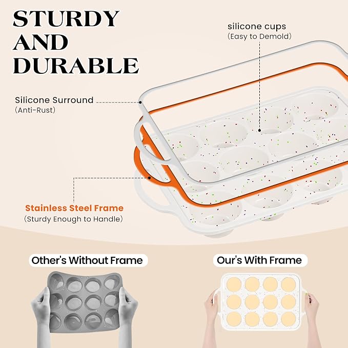 2 Pcs Silicone Muffin Pan with Metal Frame Nonstick 12 Cup Regular Size Cupcake Pan Silicone Muffin Tray for Baking Egg Bites Muffins Cupcakes Gifts for Mom Home Baker Kitchen (Cream)
