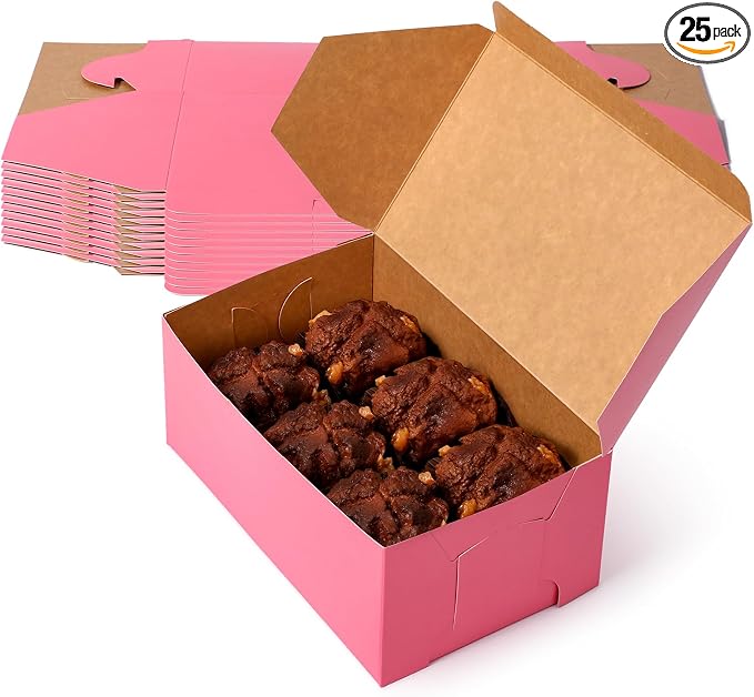 Fit Meal Prep [25 Pack] Pink Bakery Boxes 8x5x3.5 Pastry Box for Cupcakes, Desserts, Cookies, Candies - Ideal Packaging for Bakeries and Home-made Baked Favors, and Gifts