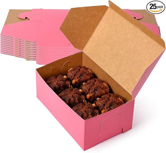 Fit Meal Prep [25 Pack] Pink Bakery Boxes 8x5x3.5 Pastry Box for Cupcakes, Desserts, Cookies, Candies - Ideal Packaging for Bakeries and Home-made Baked Favors, and Gifts