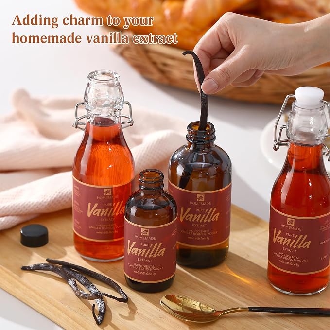 Fulmoon 24 Pcs Vanilla Extract Labels Homemade Vanilla Extract Stickers Bottle Labels with Ribbon Gift Stickers for 4oz, 8oz Handcrafted Bottles Wedding Gifts(Retro)