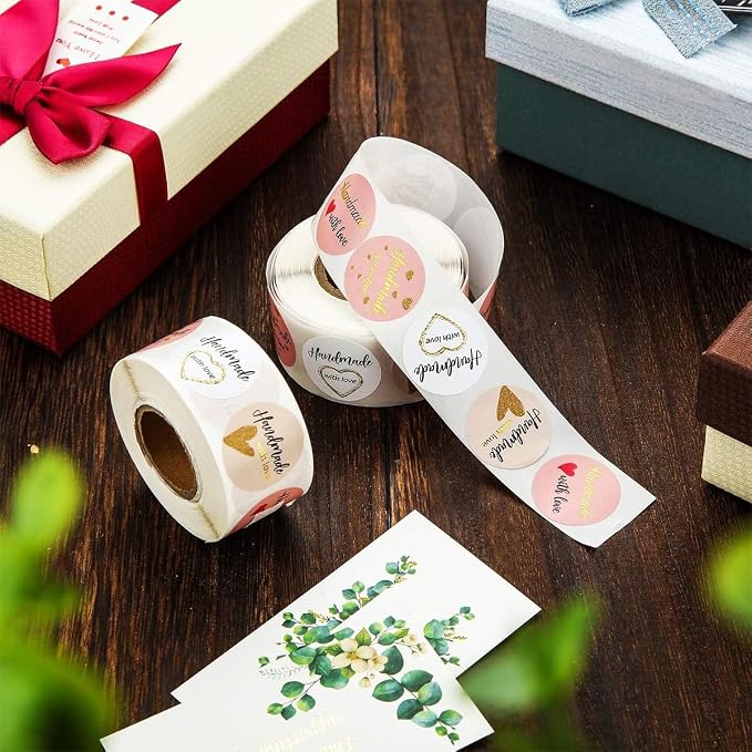 1 Inch Handmade with Love Stickers 500Pcs Baking Paper Stickers Love Heart Design Labels for Baking Packaging Stickers Decals Envelope Seals Stickers Tags for Wedding Party Gift Box Decor Supplies