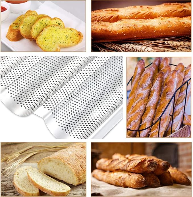 AYCCNH 2 Pack Stainless Steel French Baguette Bread Pan, Perforated Loaf Pans for Baking 15"x10", 3 Waves Toaster Oven Baking Tray
