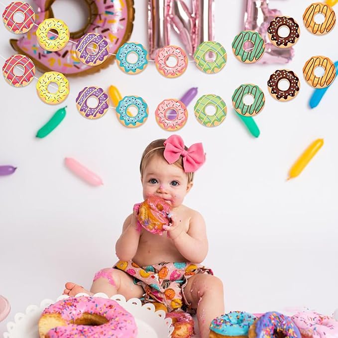 Vuzvuv 90Pcs 5In Doughnut Paper Cutouts with 180Pcs Glue Points,Doughnut Cut Outs Bulletin Board Decorations for Birthday Party Theme Decor Supplies