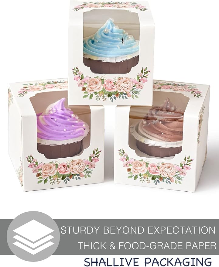 Pink Floral Mothers Day Cupcake Boxes Individual 60 Pcs with Pink Flowers with Window, 3.5" Single Containers Valentines Paper Holders for Cookies Muffins Gift Packaging Favors