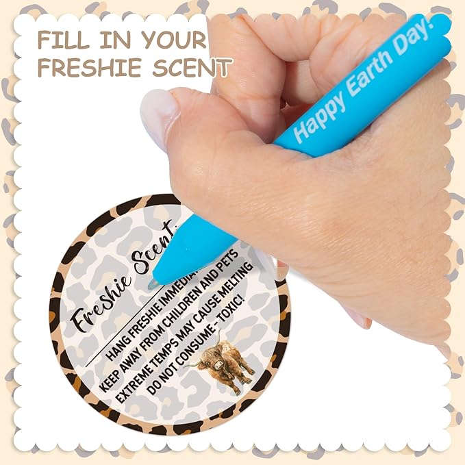 PANTIDE Freshiess Scent Care Instruction Stickers - 500 Count Car Freshie Warning Round Labels, Adhesive Roll Stickers with Line to Write Thermal Printed for Small Business (2 x 2 Inch, Leopard Cow)