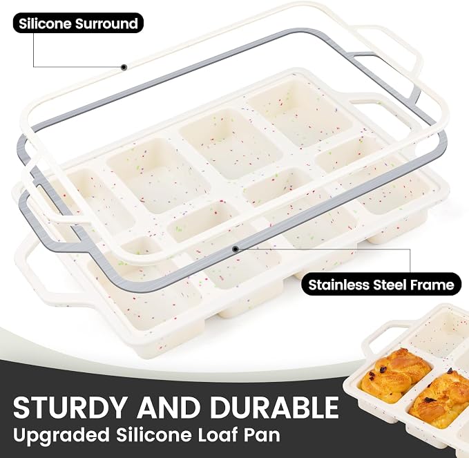 Vinino 2 Pack Mini Silicone Loaf Pans, 8-Cavity Metal Reinforced Frame Pans | Non-Stick Easy Release Heat Resistant Bakeware, Reusable Small Mini Banana Bread & Cake Baking Pans for Daily Baking