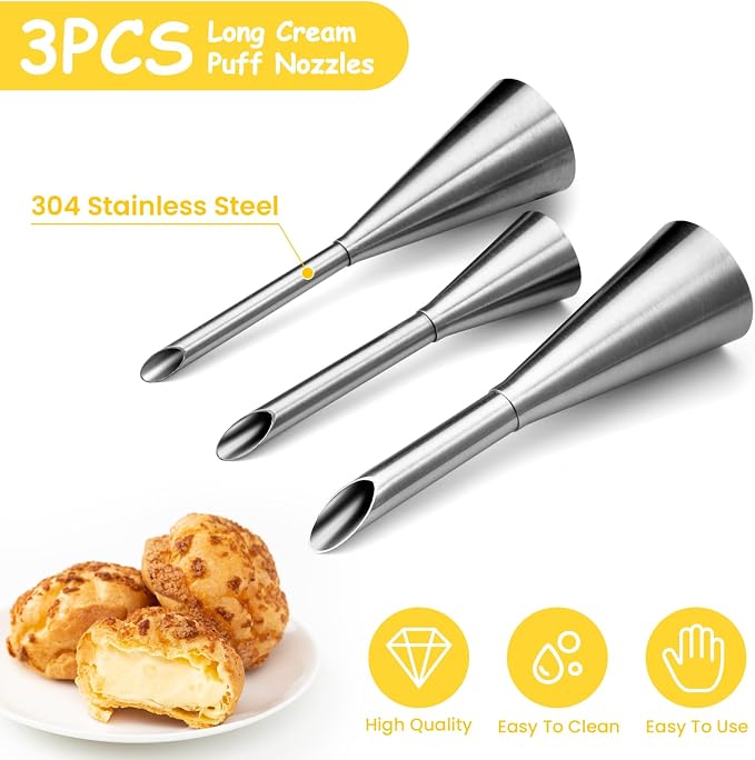 Kasmoire 3Pcs Cream Icing Piping Nozzle Tips,Stainless Steel Long Puff Nozzle Tip With 10Pcs Disposable Piping Bags,Puff Pastry Filling Cake Decorating Tools