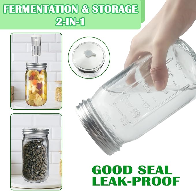 32 oz Mason Jar Fermentation Kit, 2 Pack Fermentation Jars, Fermentation Lids, Fermenting Weights and Airlocks, Complete Fermenting Kit for Making and Storing Sauerkraut（Pack of 2）