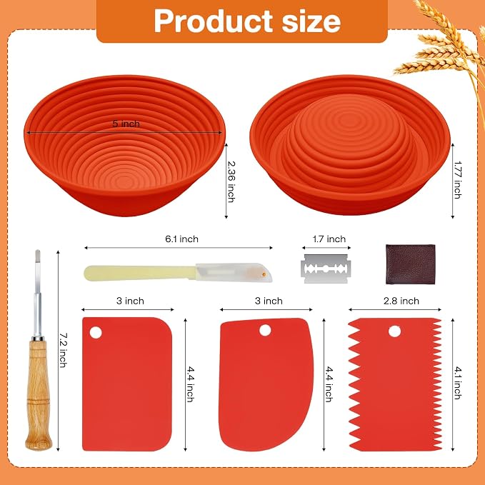 Silicone Banneton, Sourdough Bread Baskets (Set of 6, 5 Inch), Round Proofing Bread Bowls with Starter Kit, Bread Making Baking Supplies