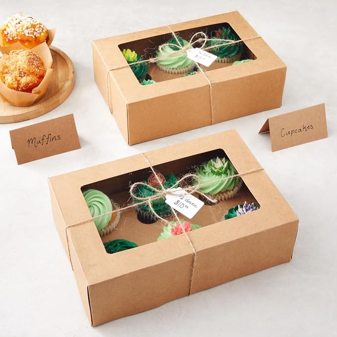 Juvale Cupcake Boxes - Clear Window Display - Easy Assembly for Muffin Packaging - Food Grade Cupcake Containers - Pack of 24, 6-Count, Brown Paperboard, 9.4 x 6.2 x 2.9 in