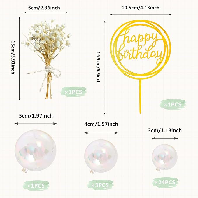 30 PCS Mini Balls Cake Topper DIY Cake Insert Topper Acrylic Cake Topper Foam Cake Balls Artificial Dried Flowers for Wedding Anniversary Baby Shower Birthday Party (Clear)