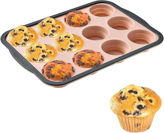 Silicone Muffin Pans for Baking with Metal Frame, 12 Cup Silicone Muffin Pan, Nonstick Cupcake Pan, BPA Free Muffin Tins Easy to Pop Cupcake Baking Pan Molds for Oven Dishwasher Safe Pink