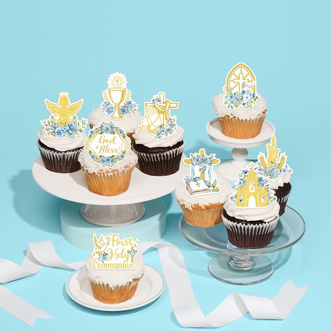 60 PCS Edible God Bless Cupcake Toppers Dove Cross Cupcake Picks Edible Floral First Communion Cake Decorations for Religious Gold Bless Baptism Theme Baby Shower Birthday Party Supplies Blue