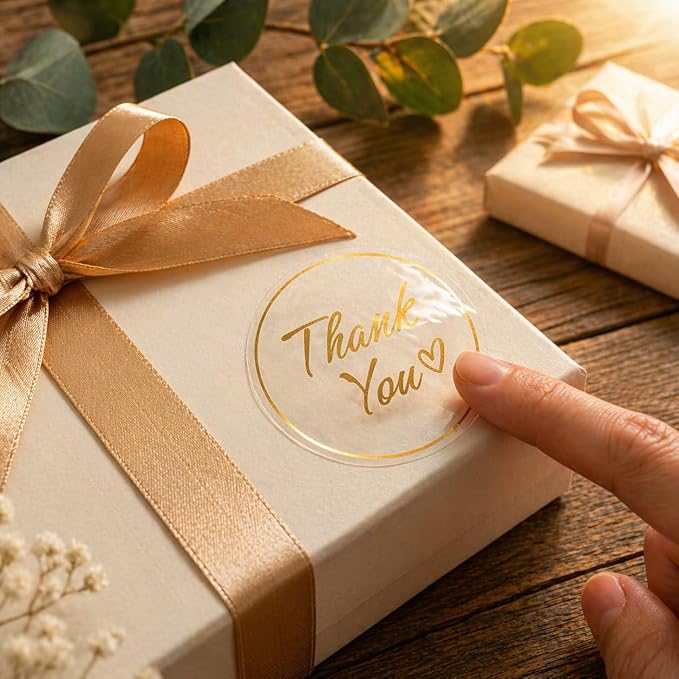 Thank You Stickers for Small Business – 500 Clear Round Stickers with Gold Foil Script, 1.5 Inch Waterproof Adhesive Labels for Packaging, Envelopes & Gift Bags