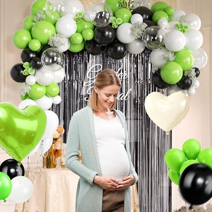 157Pcs Black White and Lime Green Balloons Garland Arch Kit with Black Fringe Curtain for Birthday Bridal Baby Shower Gender Reveal Weddings Graduation Party Decorations
