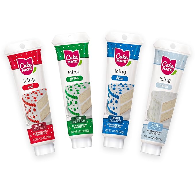 Cake Mate Dot Cake Decorating Icing Bundle for 4th of July – Red, White, Blue & Green Decorating Icing, Cake, Cookie, Cupcake & Dessert Decorating, 4 Count (4.25 oz Tubes)