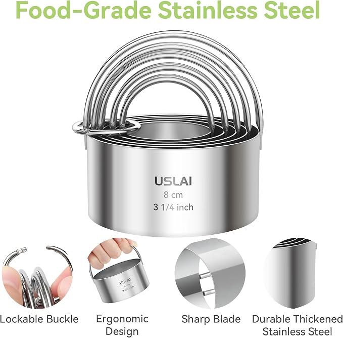 USLAI Biscuit Cutter Set (1.75, 2, 2.5, 2.75, 3.25 Inch), Stainless Steel Round Cookie Cutter with Handle, Professional Kitchen Baking Dough Tools, 5 Pieces - Circle