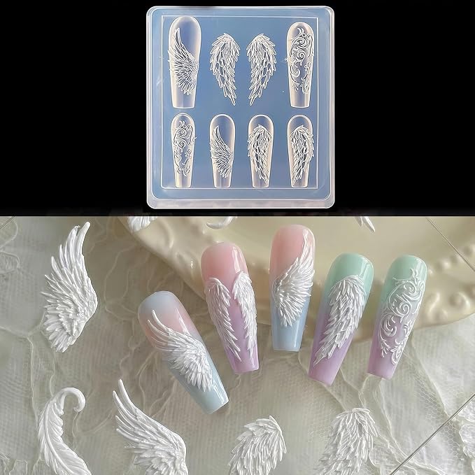 3D Angel Wings Nail Art Silicone Mold, Feather Wing Nail Charm Mold for UV Gel Acrylic Resin, Reusable Nail Art Decoration Mold for DIY Nail Design