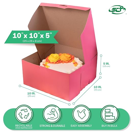 Southern Champion Tray 0878 Pink Paperboard Non-Window Lock-Corner Bakery Box 10" Length x 10" Width x 5" Height(Case of 100)