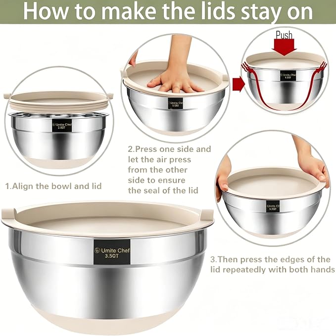 Umite Chef Mixing Bowls with Airtight Lids, 6 piece Stainless Steel Metal Nesting Storage Bowls, Non-Slip Bottoms Size 7, 3.5, 2.5, 2.0,1.5, 1QT, Great for Mixing & Serving (Khaki)