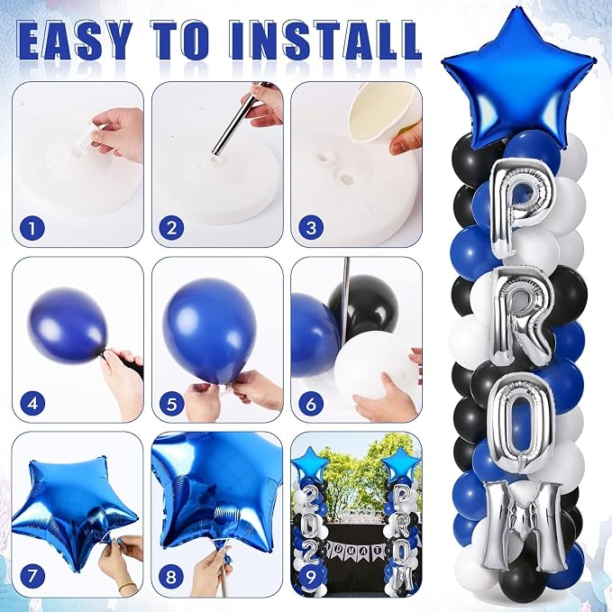 2 Sets Graduation Balloon Column Stand Kit with Balloons Prom Send off 2026 Grad Prom Themed Decor Black Blue White Balloon Tower Stand for Floor Grad School & College Celebration Party Supplies