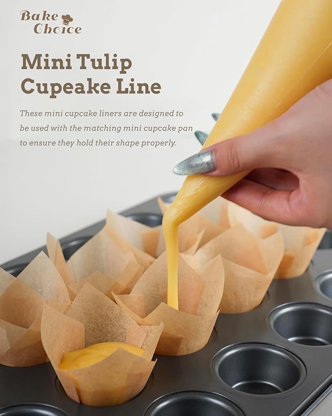 Bake Choice 200pcs Natural Mini Tulip Cupcake Liners for Baking Cups, Unbleached, Greaseproof EU Parchment paper, Mini Tulip Muffin Liners for Party, Christmas, Valentines