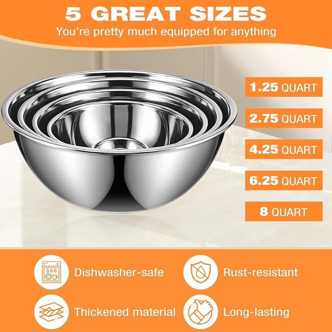 Domensi Stainless Steel Mixing Bowls Set - 5-piece Polished Mirror Nesting Bowls 1.25, 2.75, 4.25, 6.25, 8 Quart Thickened Material Ideal for Kitchen, Cooking, Baking and Storage, Deep